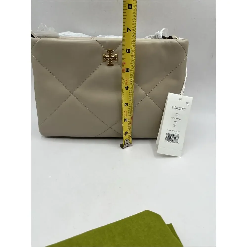 Tory Burch Small Kira Diamond Quilt Leather Shoulder Bag Light Stone Beige NWT